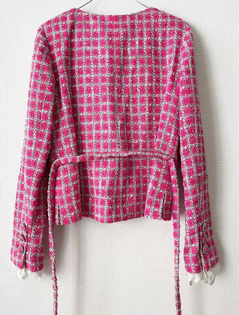 Chanel Barbie Style Hot Pink Belted Tweed Jacket In Excellent Condition In Dubai, AE