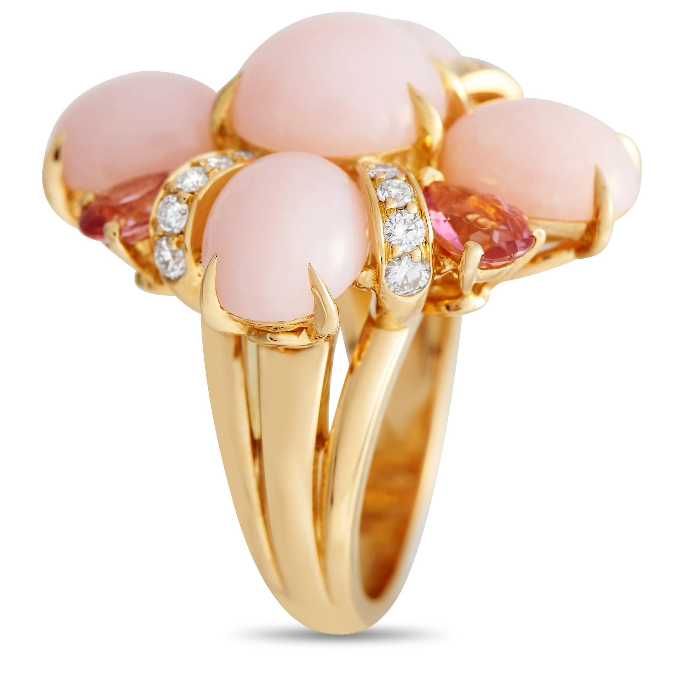 Bold and ornate yet sophisticatedly demure is this Chanel Baroque 18K Yellow Gold Diamond Multi-Stone Cocktail Ring. It features a 5mm band holding a floral motif centerpiece composed of pink opal and pink tourmaline on claw prongs. Yellow gold