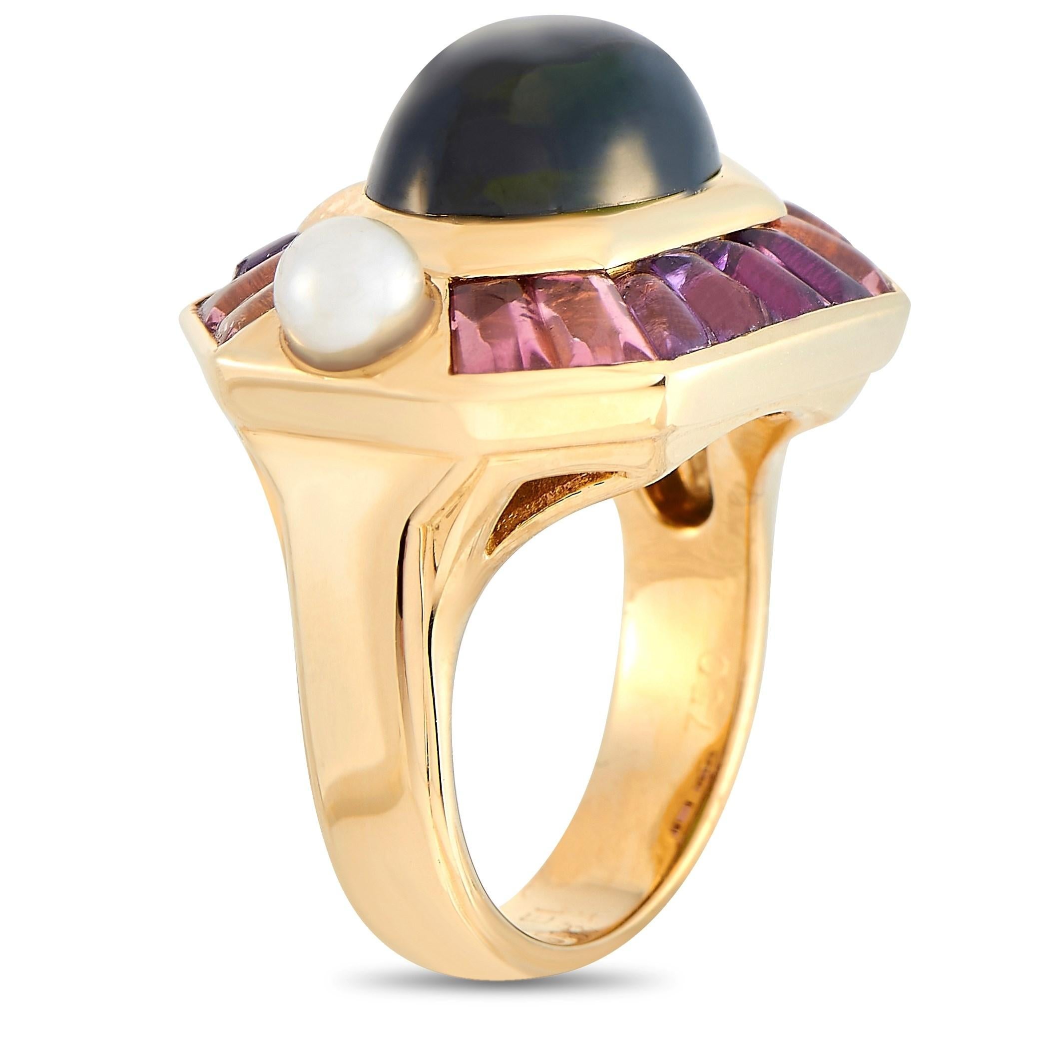 A mesmerizing sight from the Chanel Baroque collection that captivates with the feminine beauty of peridot and dazzles with alluring glisten of amethyst and pink gemstones. This outstanding ring from Chanel is made of 18K yellow gold and boasts two