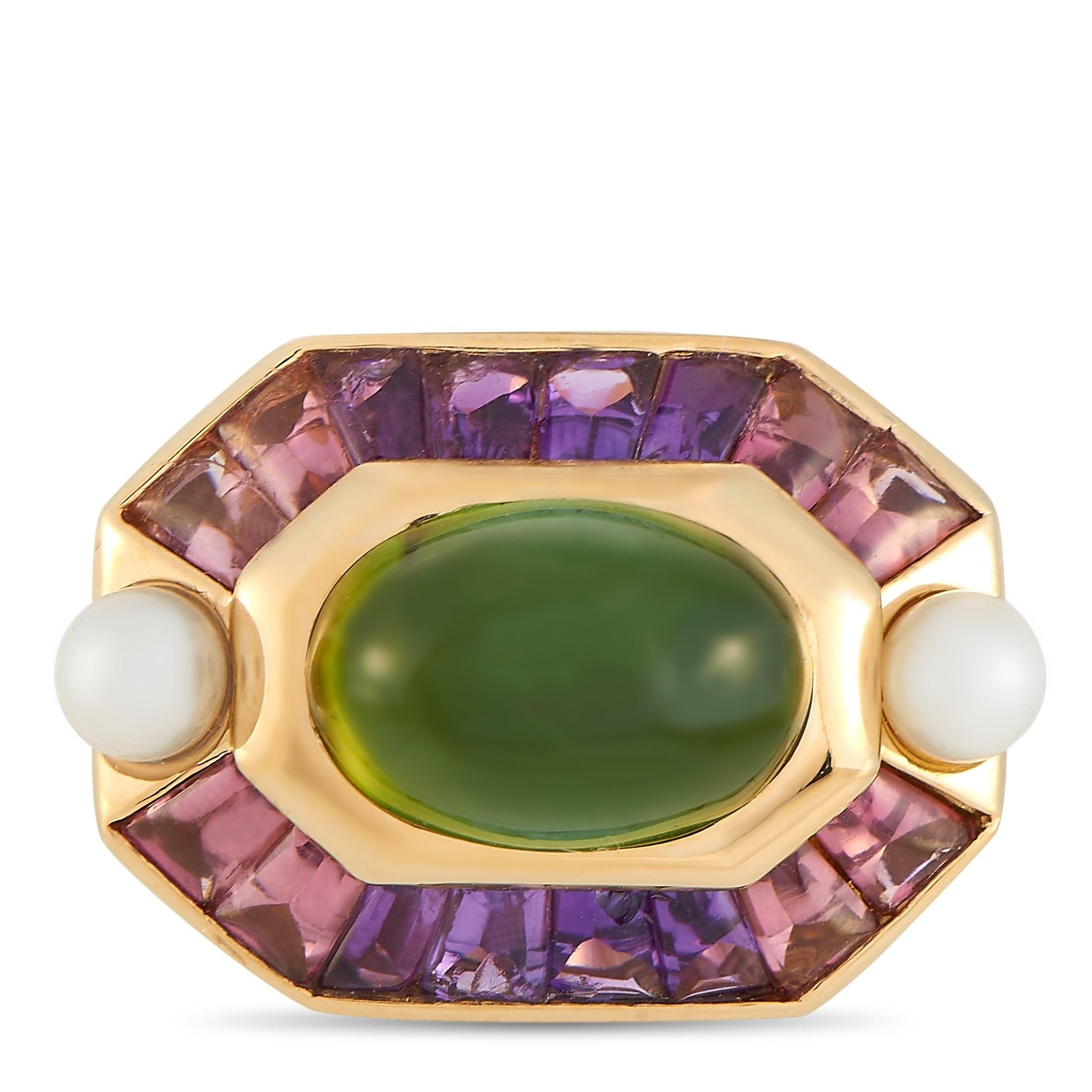 Chanel Baroque 18 Karat Yellow Gold Peridot Cabochon, Amethyst and Pearl Ring In Excellent Condition In Southampton, PA