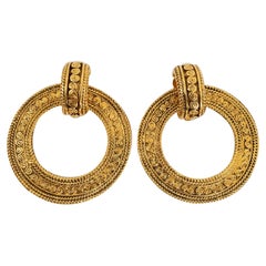 Vintage Chanel Baroque Clip-on Etched Gilded Metal Round Earrings, 1980s
