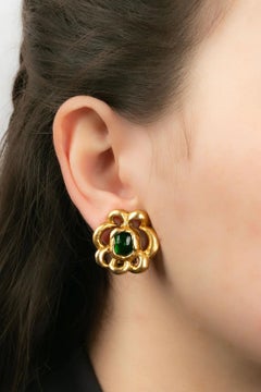 Chanel Baroque Gold Metal Clip Earrings Paved with Glass Paste Cabochon