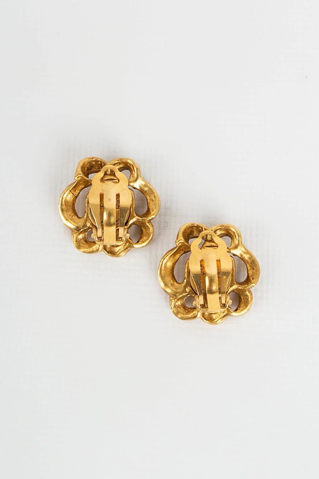 Artist Chanel Baroque Gold Metal Clip Earrings Paved with Glass Paste Cabochon For Sale