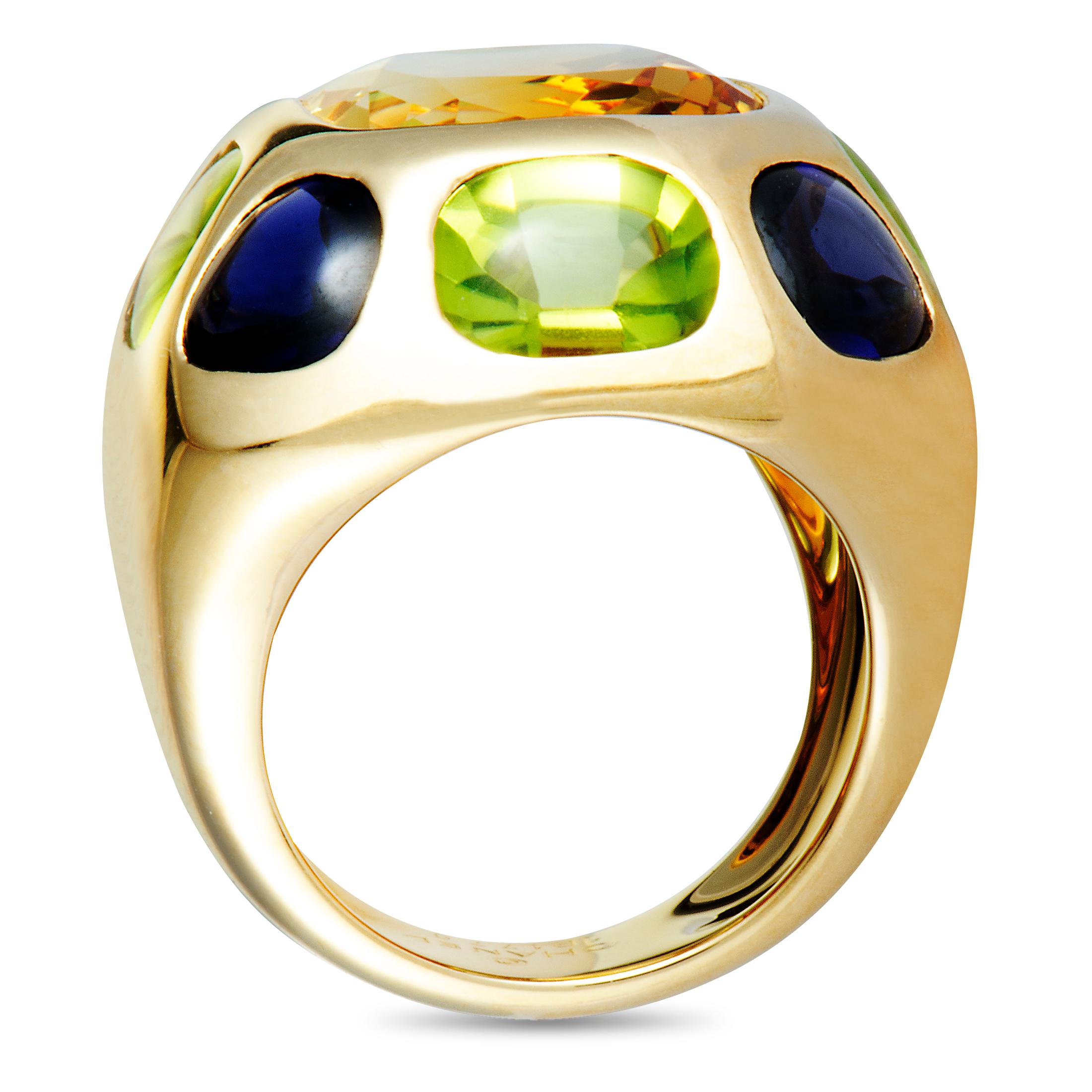 The radiant surface of 18K yellow gold is attractively accentuated by the gorgeous colorful gems in this superb ring presented by Chanel. The ring is embellished with iolite, citrine and peridot stones.
Included Items: Manufacturer's Box
Ring Size: