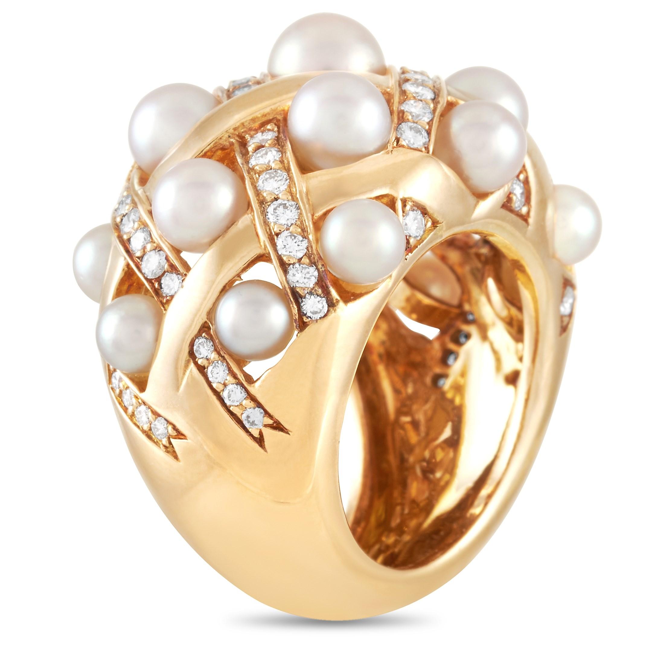 A ring for the daring. From Chanel's Baroque Collection, this Matelassé 18K Yellow Gold Diamond and Pearl Ring will dazzle you with its criss-cross top surface encrusted with alternating pearls and rows of diamonds. The ring is formed with a 9mm