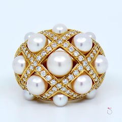 Chanel Baroque Matelasse' Pearl and Diamond 18 Karat Gold Large Ring
