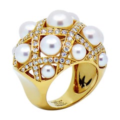 Chanel Baroque Matelasse' Pearl and Diamond 18 Karat Gold Large Ring