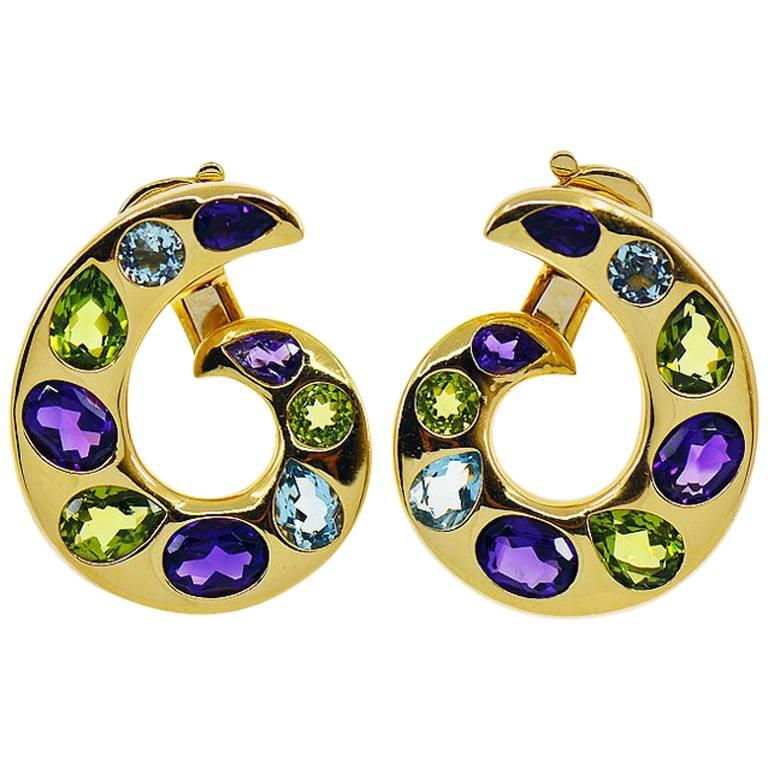 Chanel Baroque Multi-Gemstone 18K Clip Earrings, Aquamarine, Amethyst, Peridot For Sale