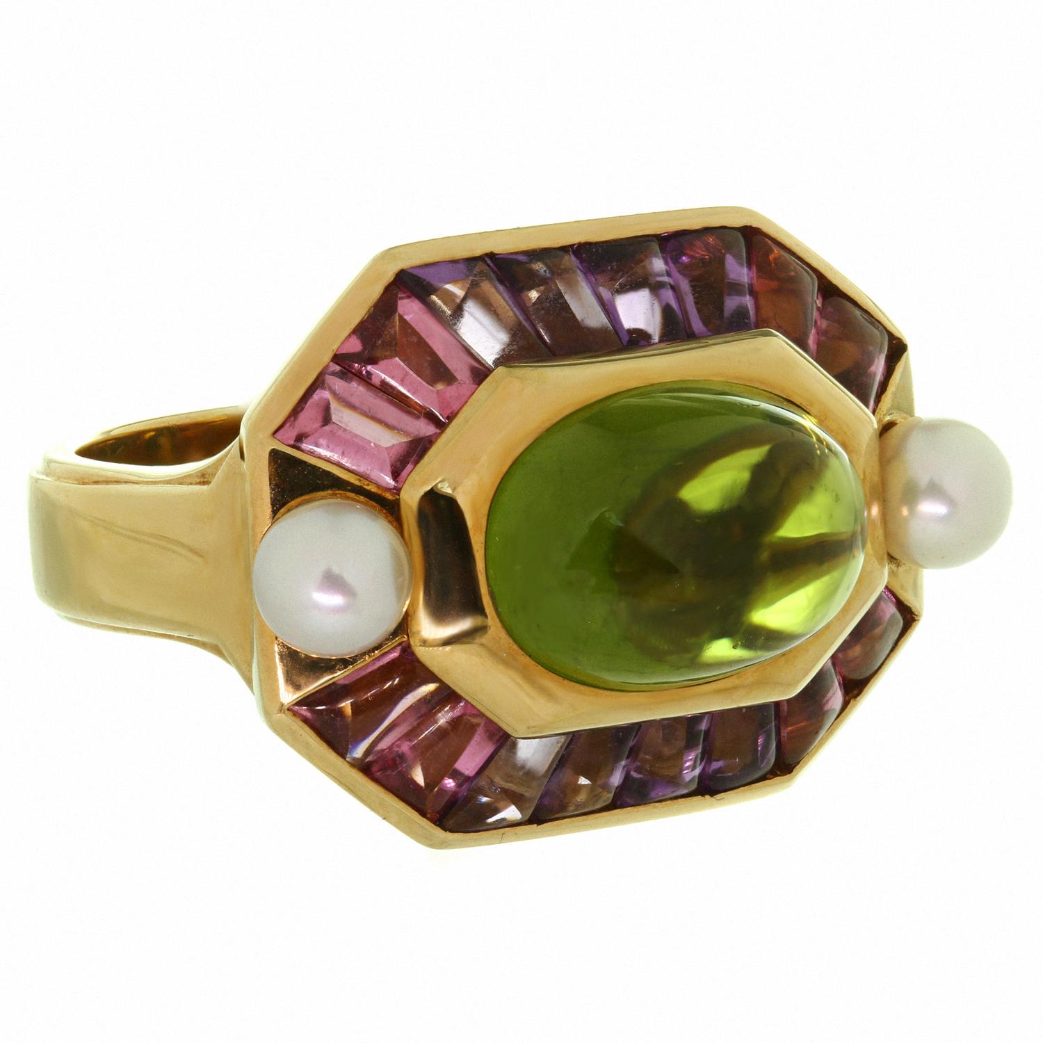 Oval Cut Chanel Baroque Peridot Amethyst Pearl Yellow Gold Ring For Sale