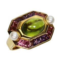 Used Chanel Baroque Peridot Amethyst Pearl Yellow Gold Ring