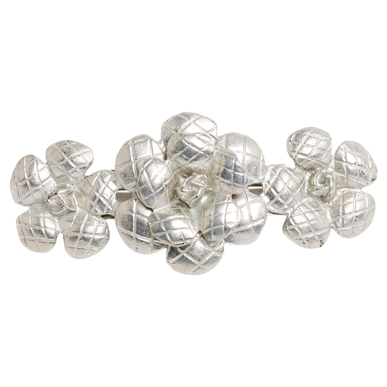 Chanel Barrette Camelia matelassé CC Quilted Silver Metal Hair Clip