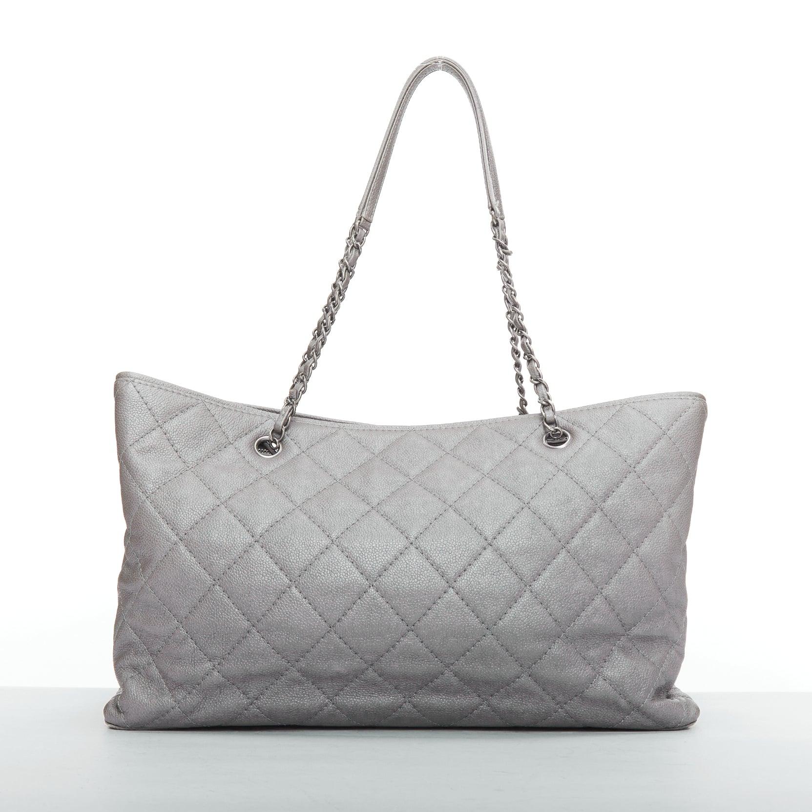 Women's CHANEL Be Caviar grey CC logo quilted pebble leather chain tote bag
