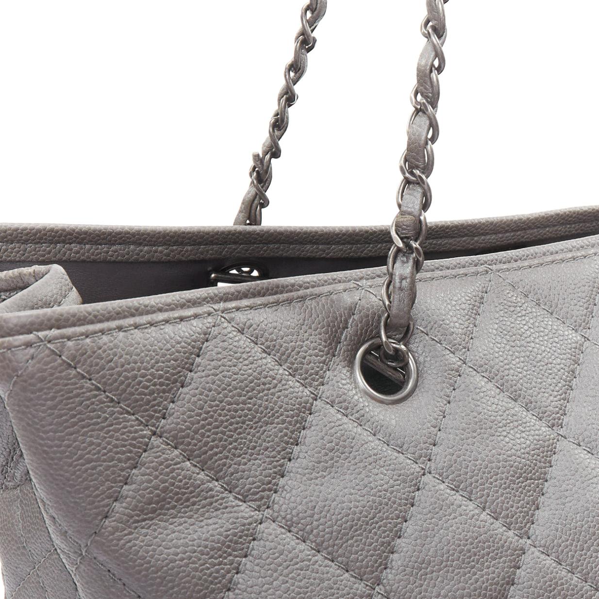 CHANEL Be Caviar grey CC logo quilted pebble leather chain tote bag 3