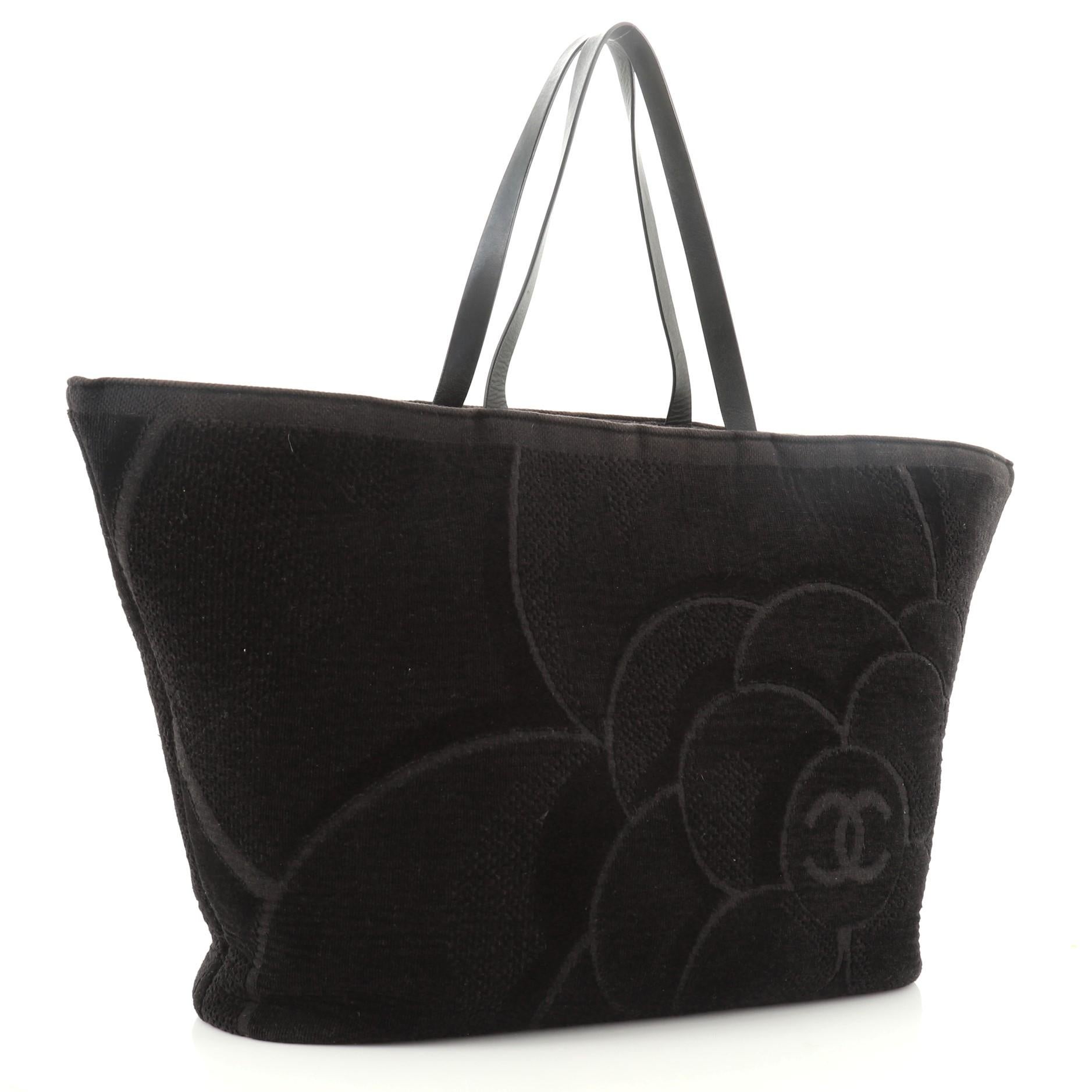 Black Chanel Beach Tote Camellia Terry Cloth Large