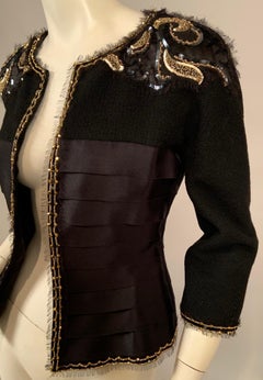Chanel Beaded and Embroidered Black Wool Boucle and Satin Ribbon Jacket