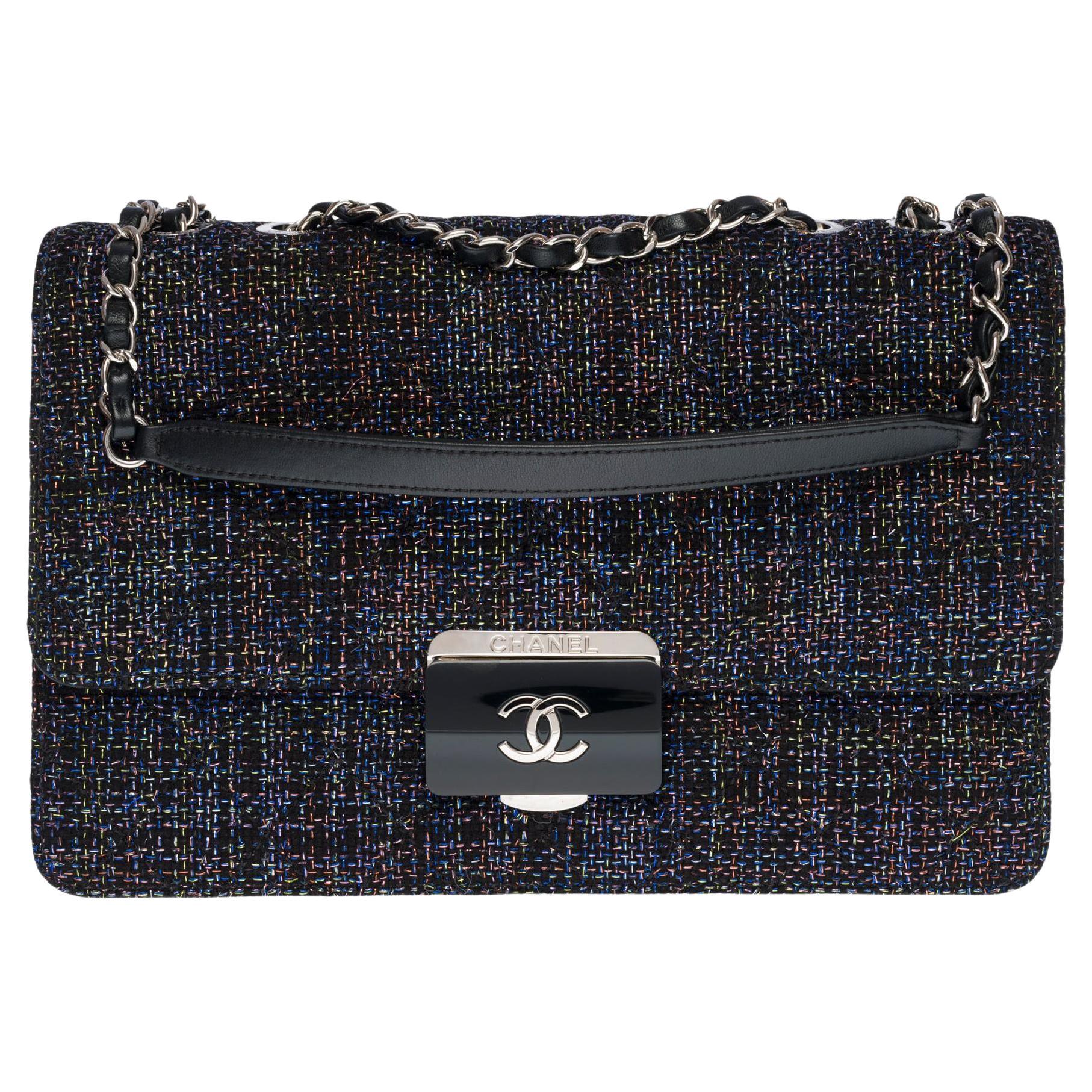 Chanel Beauty Lock Mehrfarbige Umhängetasche aus schwarzem Tweed und Lammfell mit gesteppter Klappe