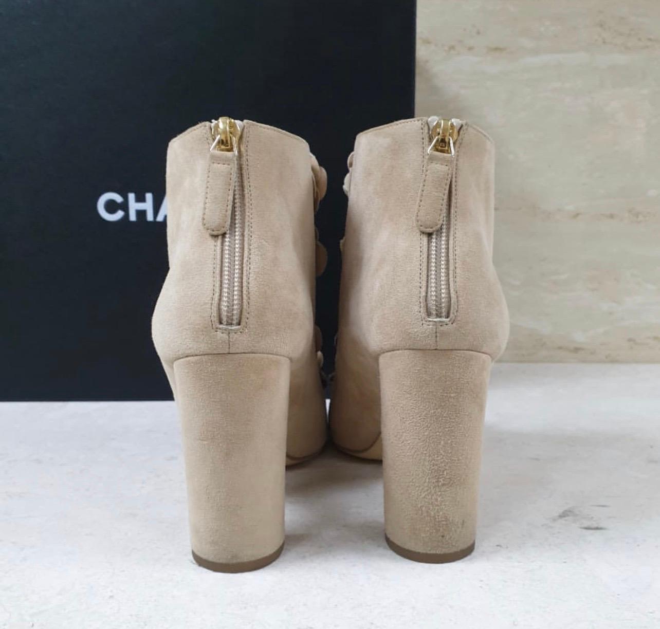 Women's Chanel Beige 17a Suede Camellia Flower Open Toe Ankle Heels Boots Booties