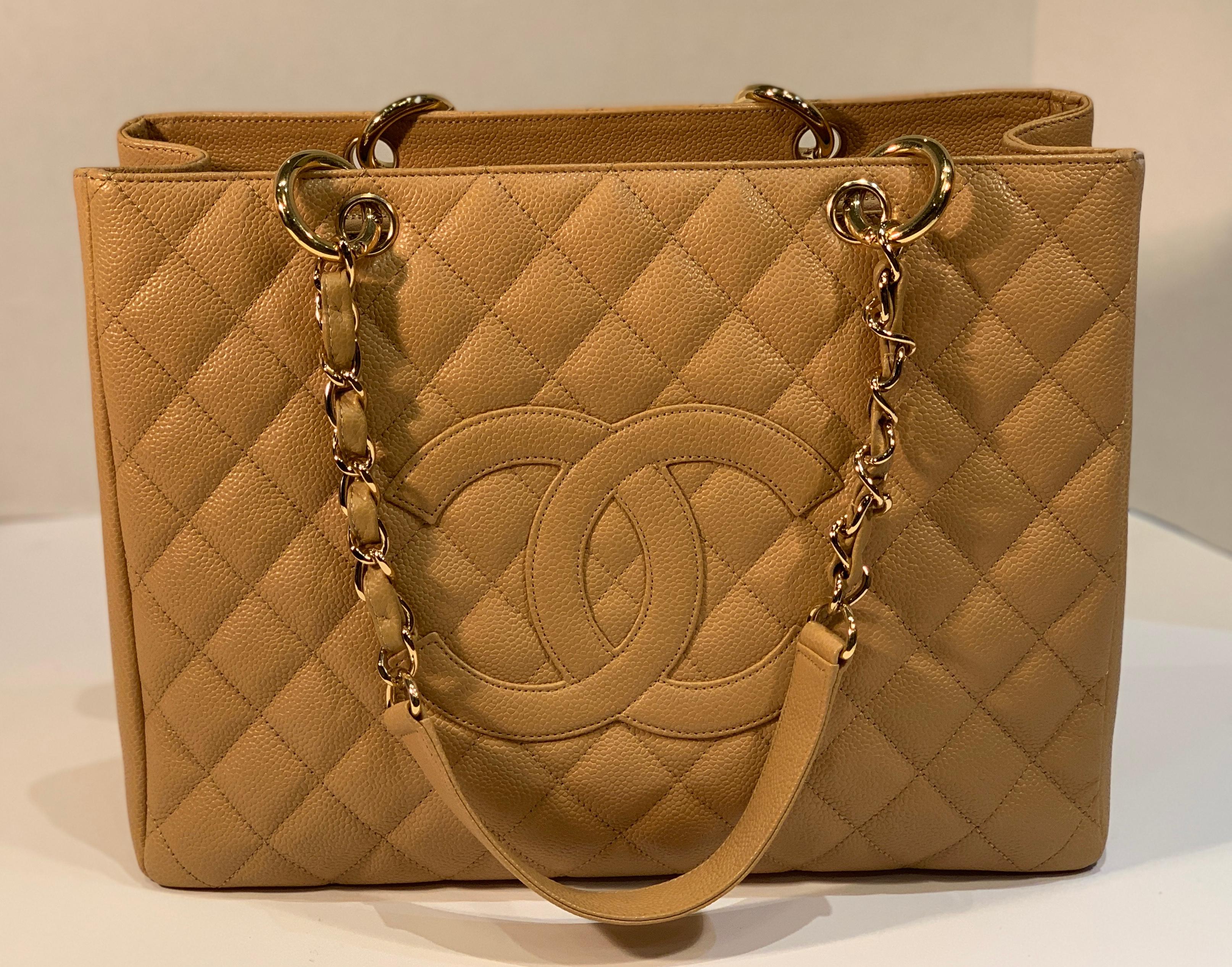 Chanel Beige (20) Matelasse Quilted Caviar Leather Gold Chain Grand Shopping Bag In Good Condition In Tustin, CA