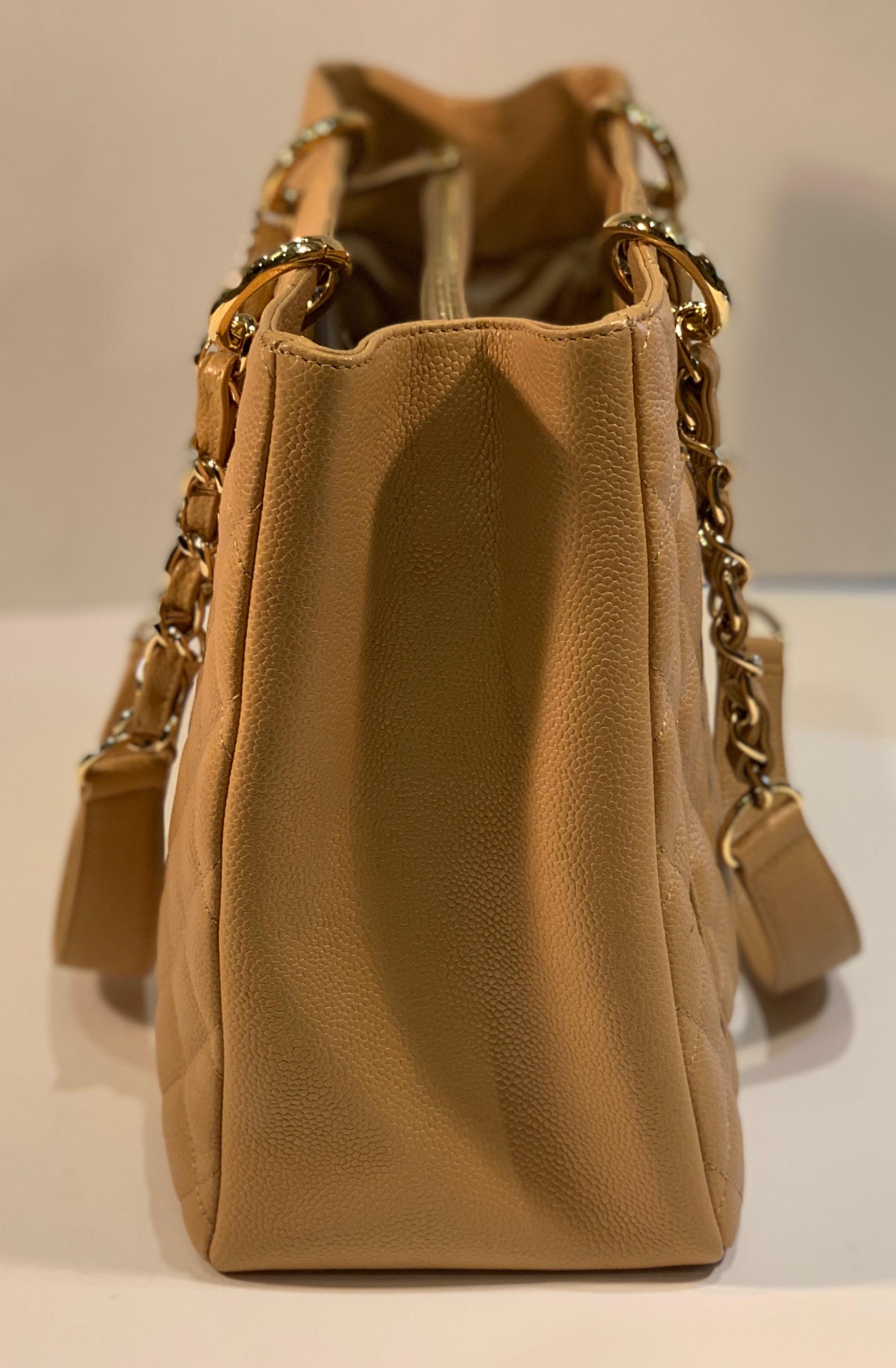 Chanel Beige (20) Matelasse Quilted Caviar Leather Gold Chain Grand Shopping Bag 3