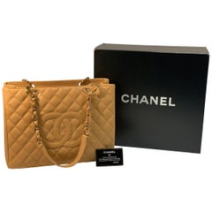 Chanel Beige (20) Matelasse Quilted Caviar Leather Gold Chain Grand Shopping Bag