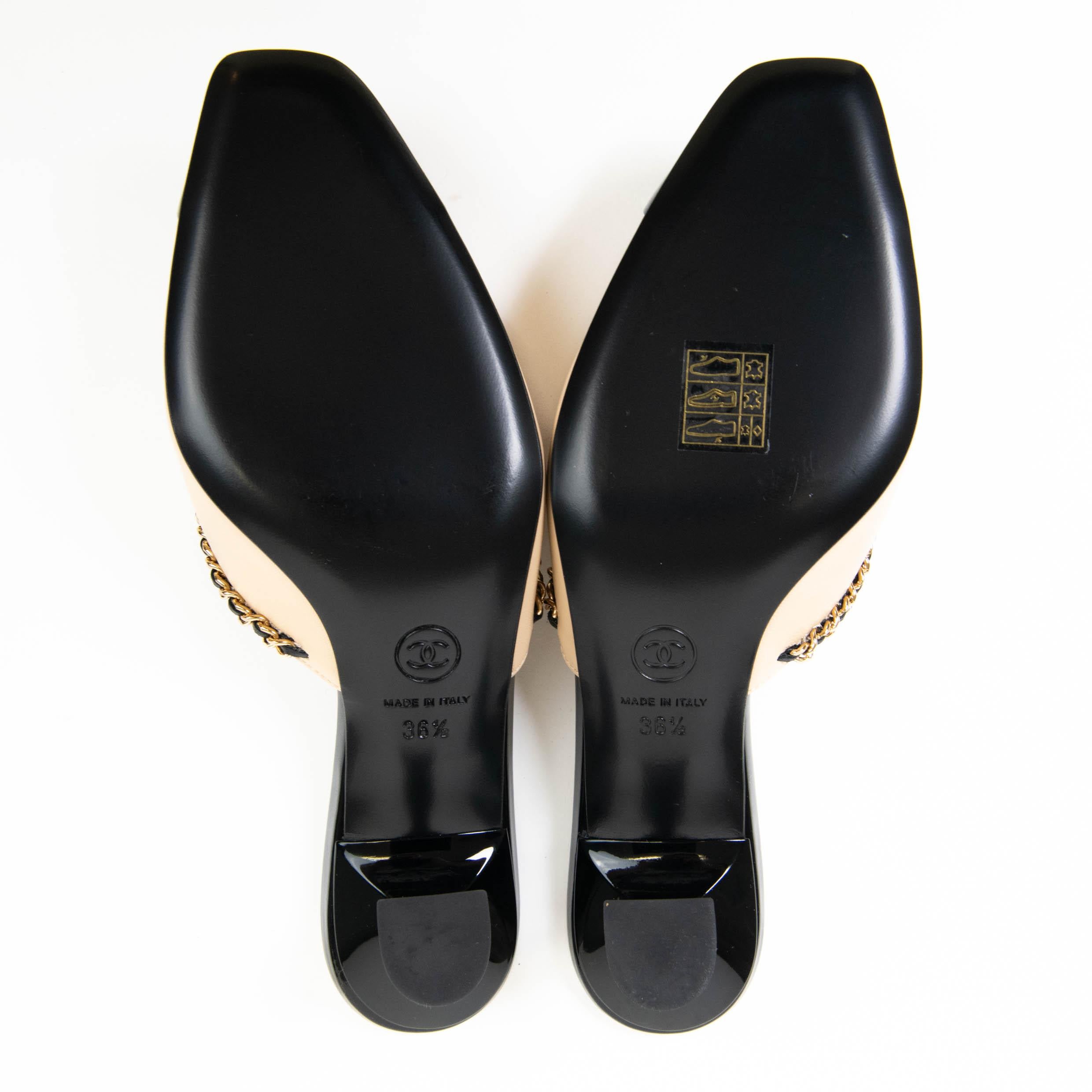 Chanel Beige and Black Lambskin Patent Cap Toe Chain Mules Size 36.5 1