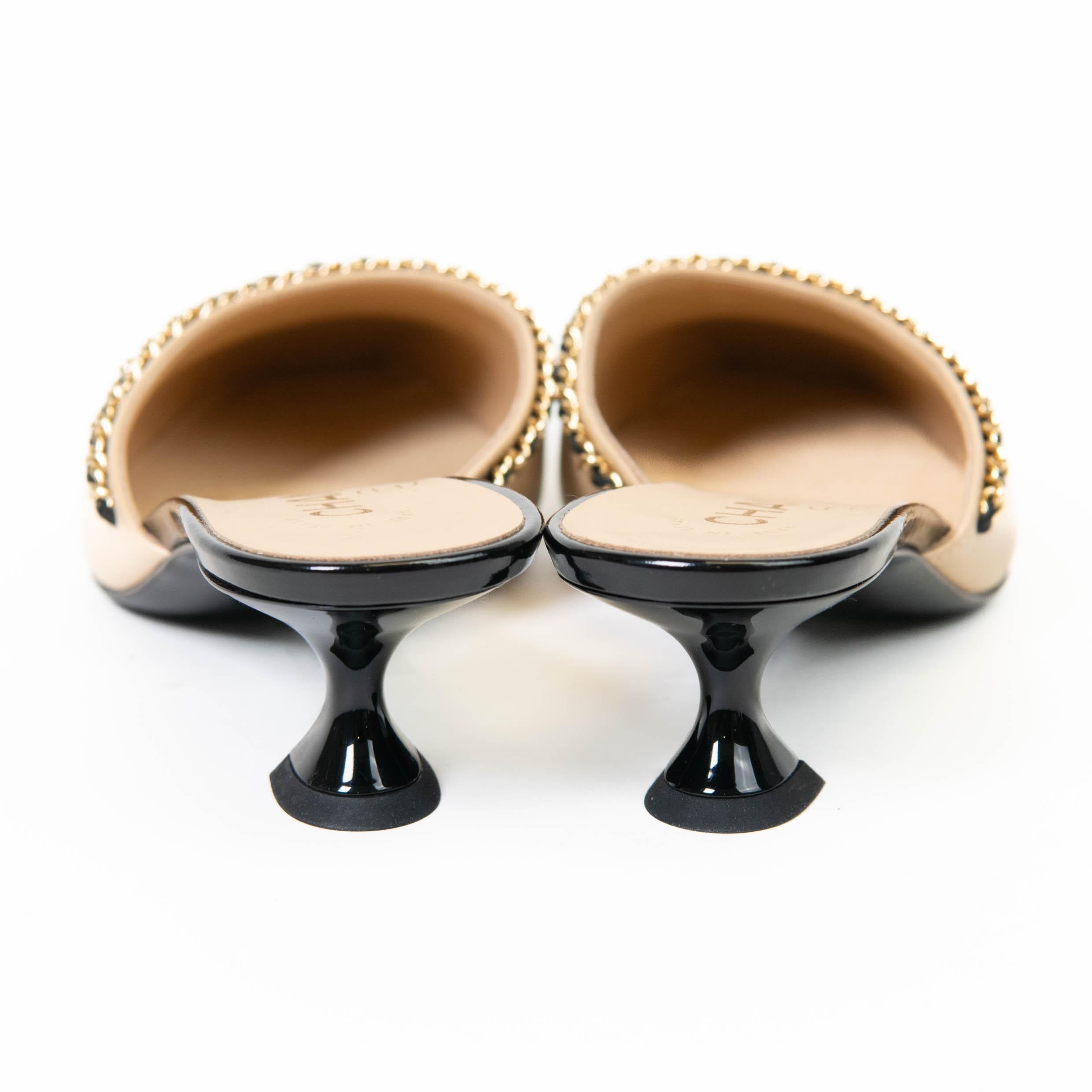 Chanel Beige and Black Lambskin Patent Cap Toe Chain Mules Size 36.5 3