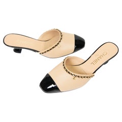 Chanel Beige and Black Lambskin Patent Cap Toe Chain Mules Size 36.5