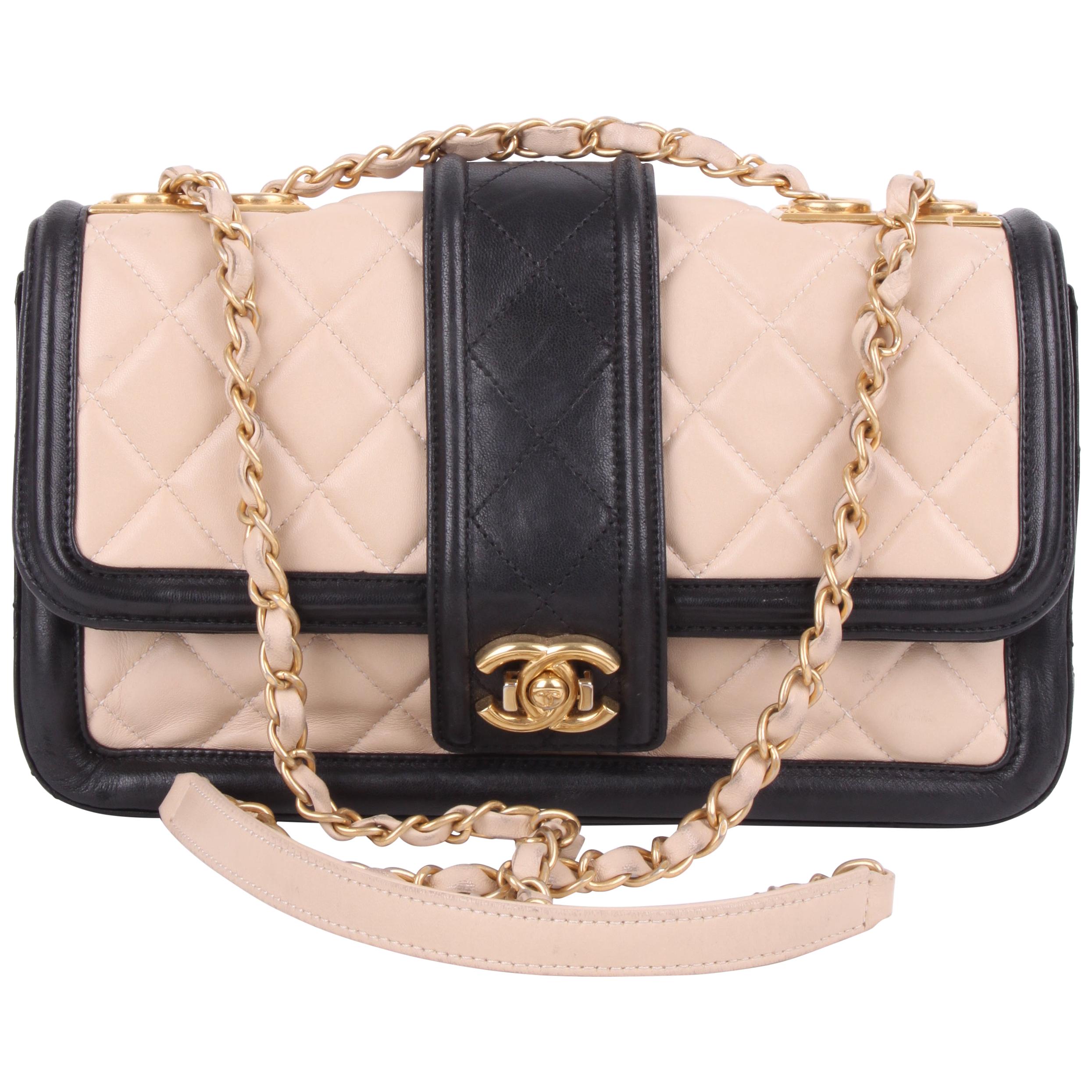 Chanel Beige and Black Leather Two Tone Flap Bag
