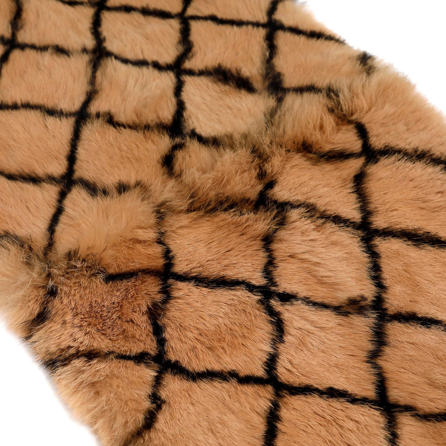 Chanel Beige and Black Mink Diamond Pattern Scarf In Excellent Condition For Sale In Palm Beach, FL