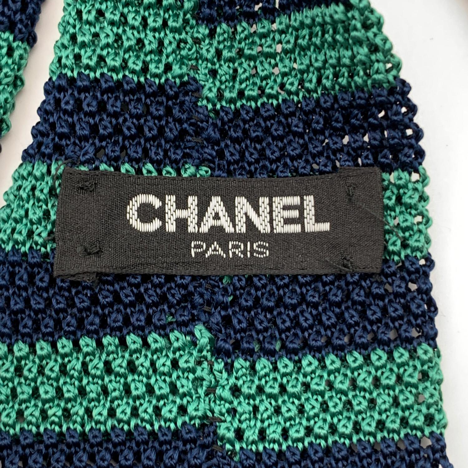 Chanel Beige and Black Striped Knit Silk Neck Tie with Chain Detail 2