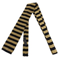 Chanel Beige and Black Striped Knit Silk Neck Tie with Chain Detail