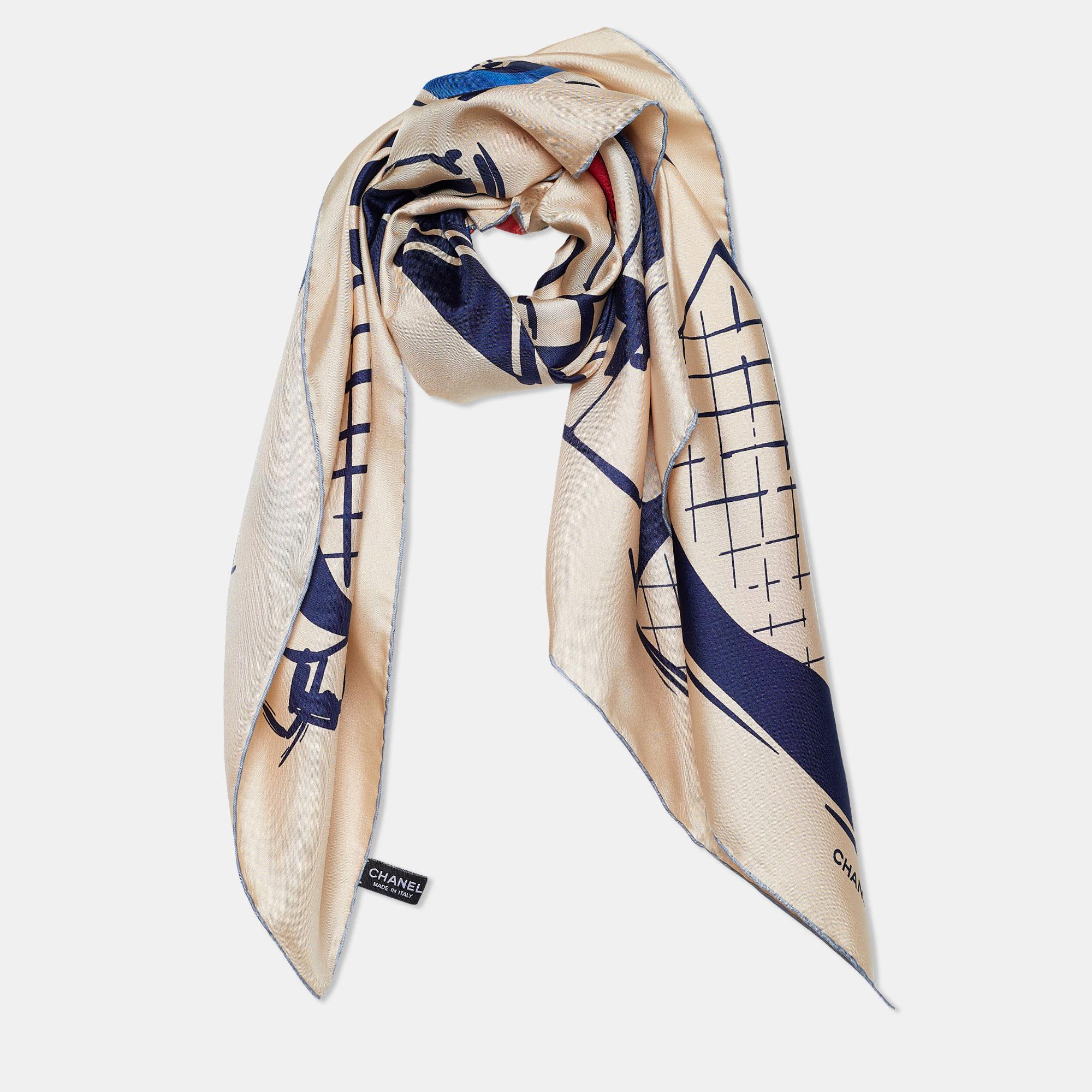 The perfect punctuation to your stylish look will be this Chanel scarf! It has been stitched using soft silk in a beige shade and adorned with Chanel handbag prints for a signature touch. Wrap it around your neck to accessorize the chic way!

