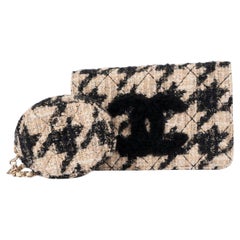 Chanel beige noir 2019 19K HOUNDSTOOTH TWEED Wallet on Chain WOC Bag