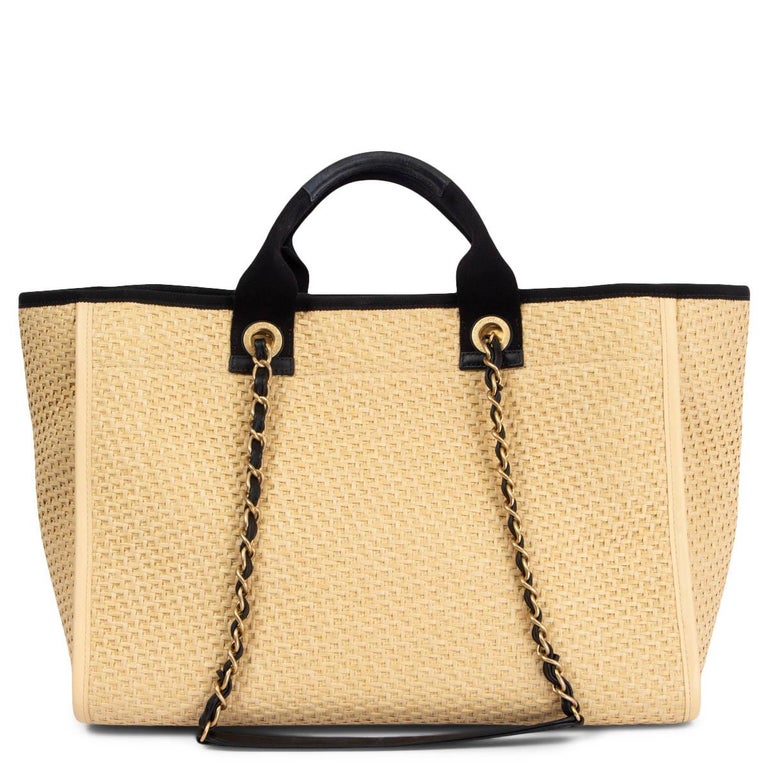 CHANEL beige and black 2021 21P RAFFIA DEAUVILLE LARGE Shopping Bag at  1stDibs