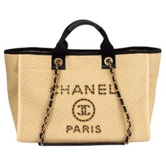 CHANEL beige & black 2021 21P RAFFIA DEAUVILLE LARGE Shopping Bag