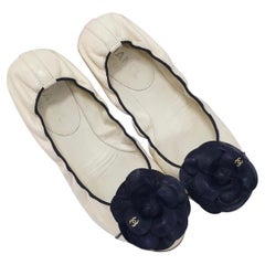 Chanel Beige Black Camellia Ballet Flats