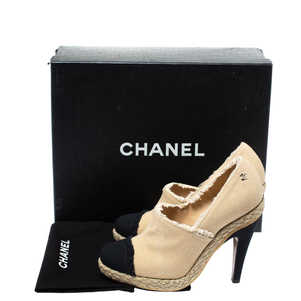 Chanel Beige/Black Canvas Cap Toe Espadrille Booties Size 37 3