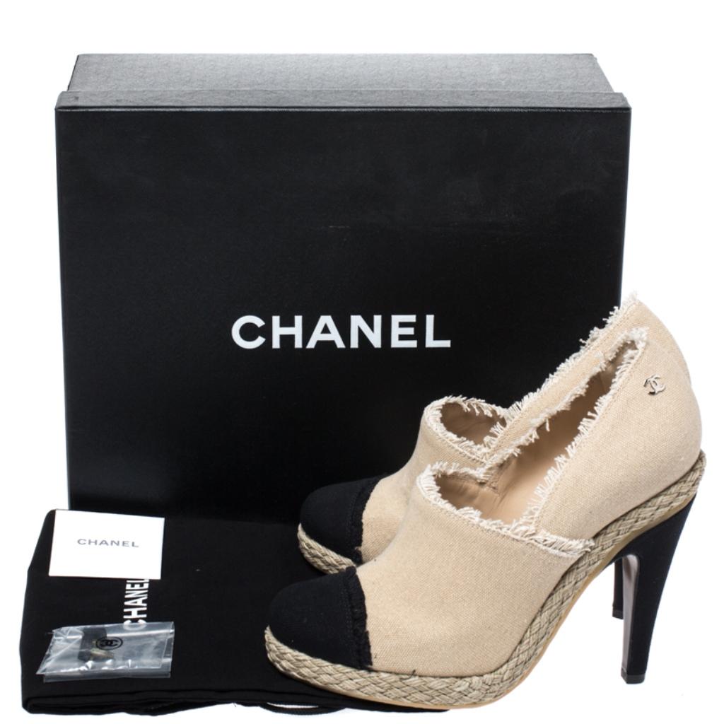 Chanel Beige/Black Canvas Cap Toe Espadrille Booties Size 38.5 4
