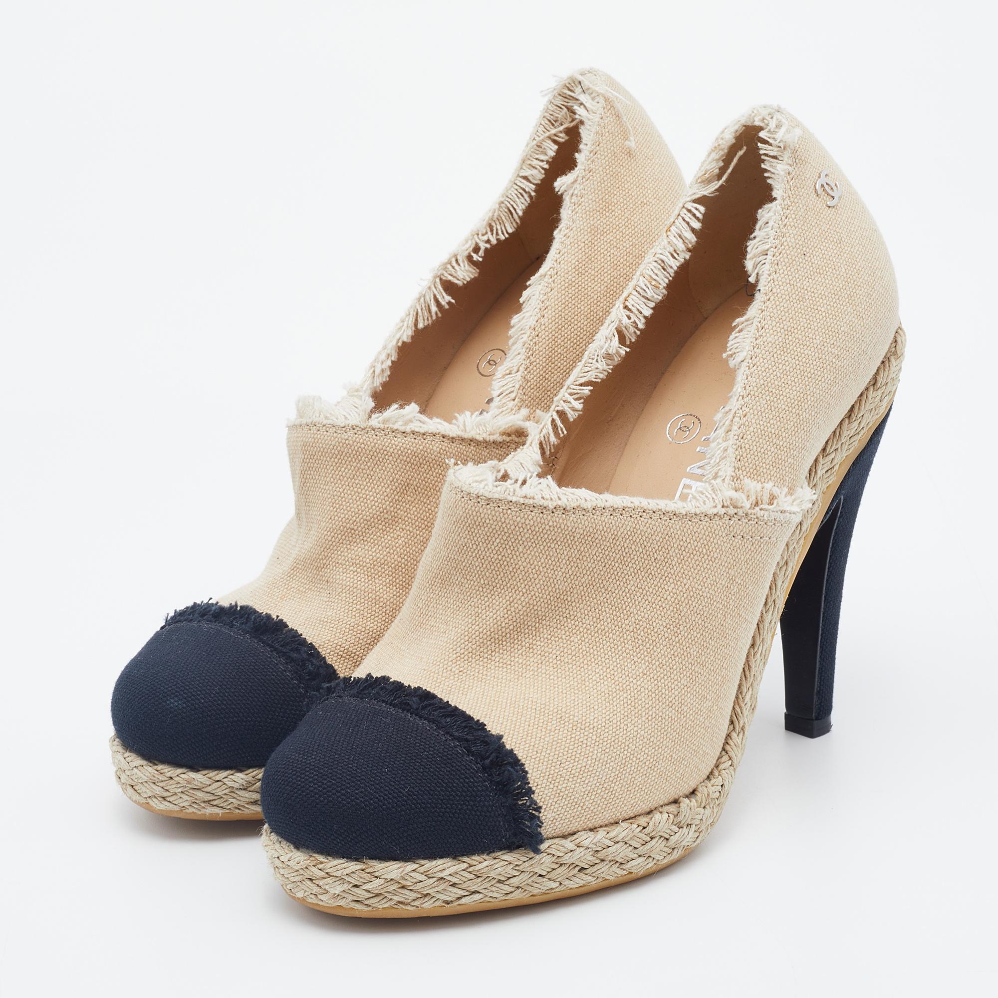 Chanel Beige/Black Canvas CC Cap Toe Espadrille Booties Size 38 3