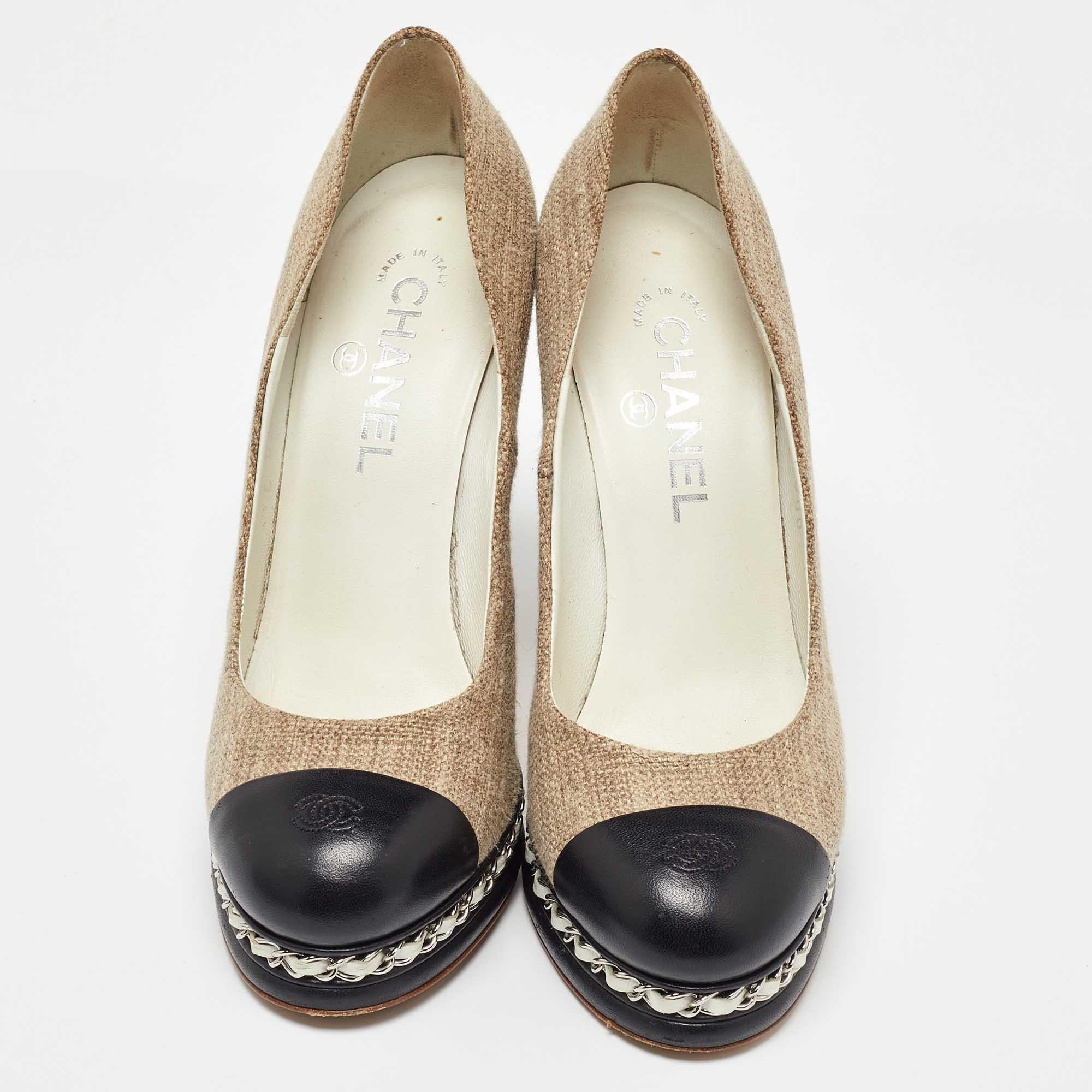 Brown Chanel Beige/Black Fabric and Leather CC Cap Toe Platform Pumps Size 39