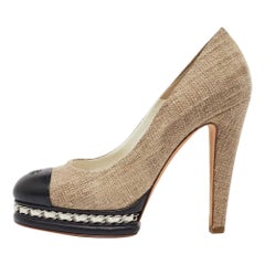 Chanel Beige/Black Fabric and Leather CC Cap Toe Platform Pumps Size 39