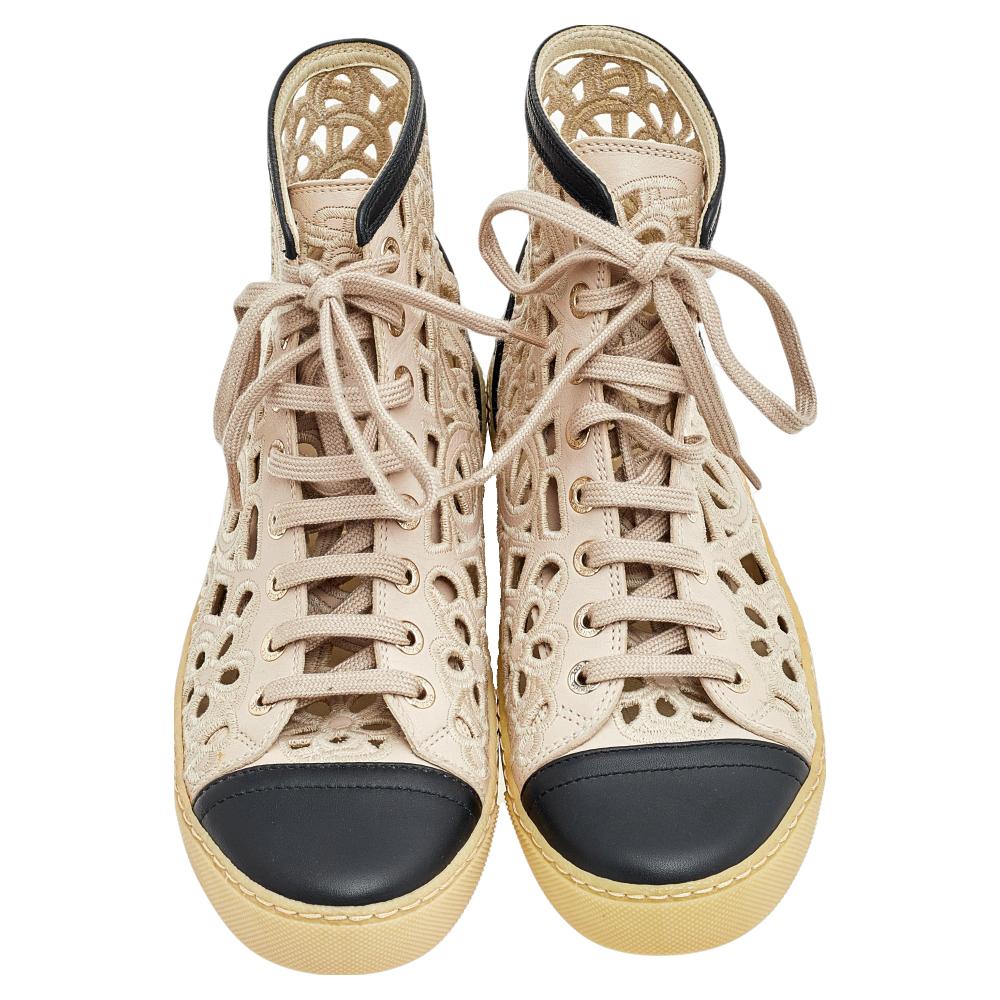 Chanel Beige/Black Floral Laser Cut Leather CC High Top Sneakers Size 36 1