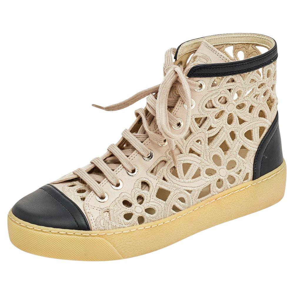 Chanel Beige/Black Floral Laser Cut Leather CC High Top Sneakers