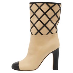 Chanel Beige/Black Interlocking Leather Cap Toe Mid Calf Boots Size 36.5