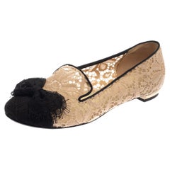 Chanel Beige/Black Lace Bow CC Smoking Slippers Size 38.5