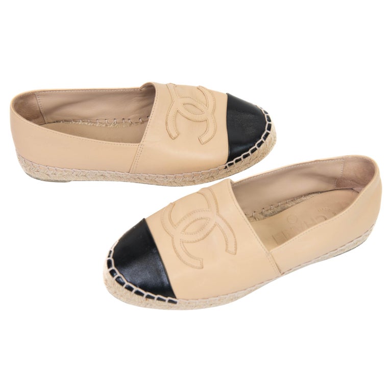 Chanel Beige Black Lambskin CC Espadrilles 35