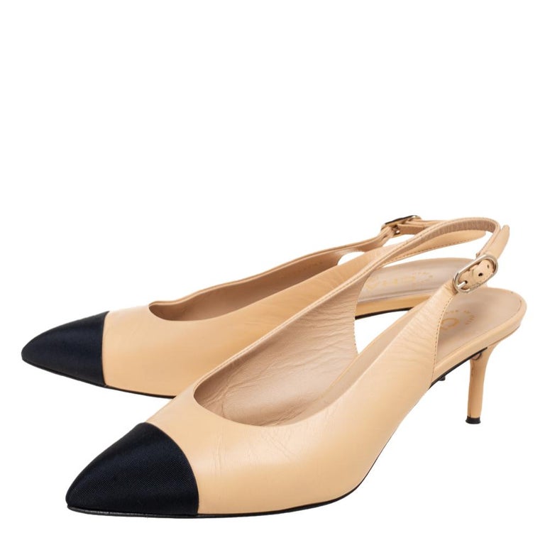 Chanel Beige/Black Leather And Canvas Cap Toe Slingback Pumps Size 39 at  1stDibs