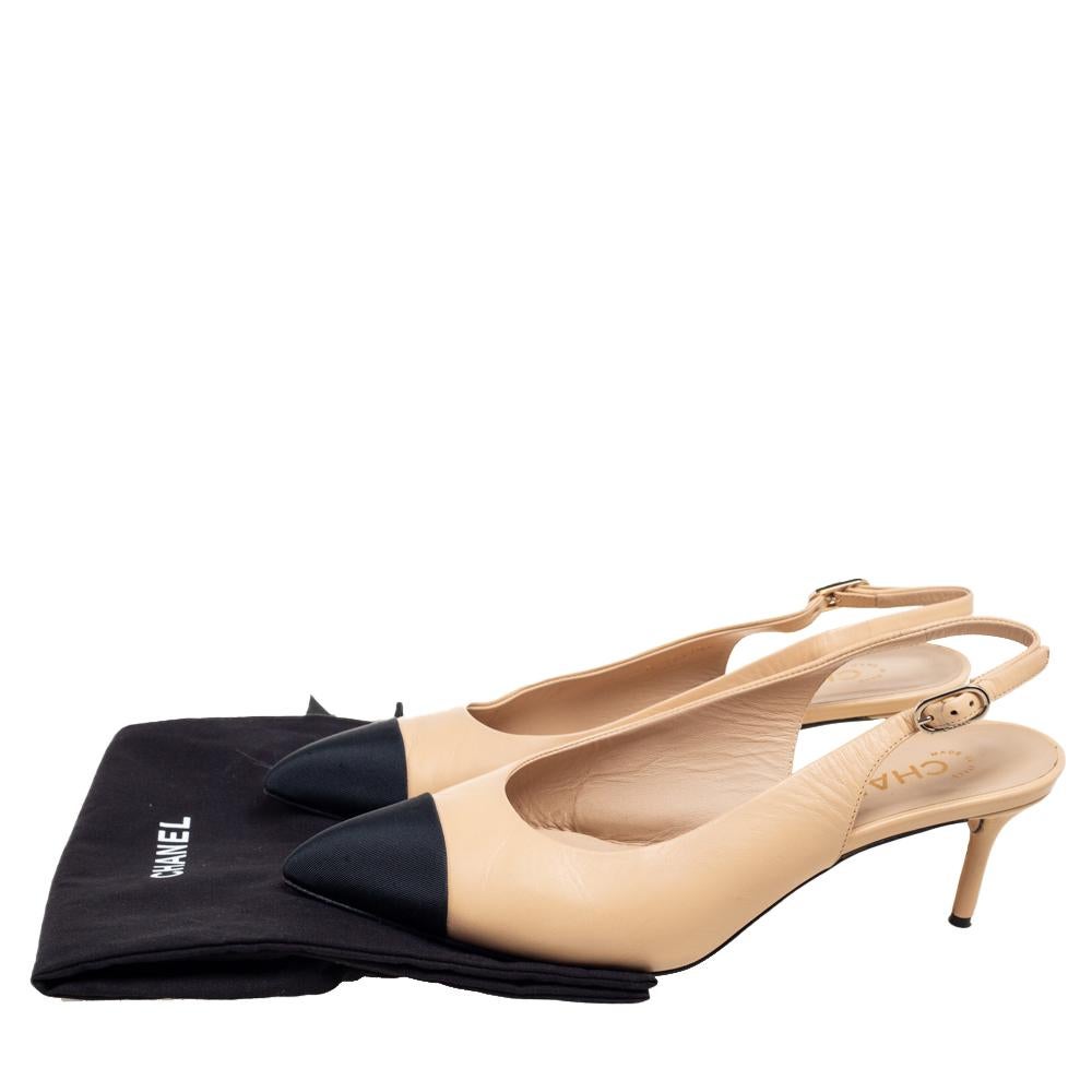 Chanel Beige/Black Leather And Canvas Cap Toe Slingback Pumps Size 39 2