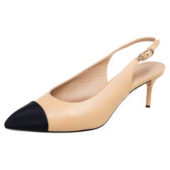 Chanel Beige/Black Leather And Canvas Cap Toe Slingback Pumps Size 39