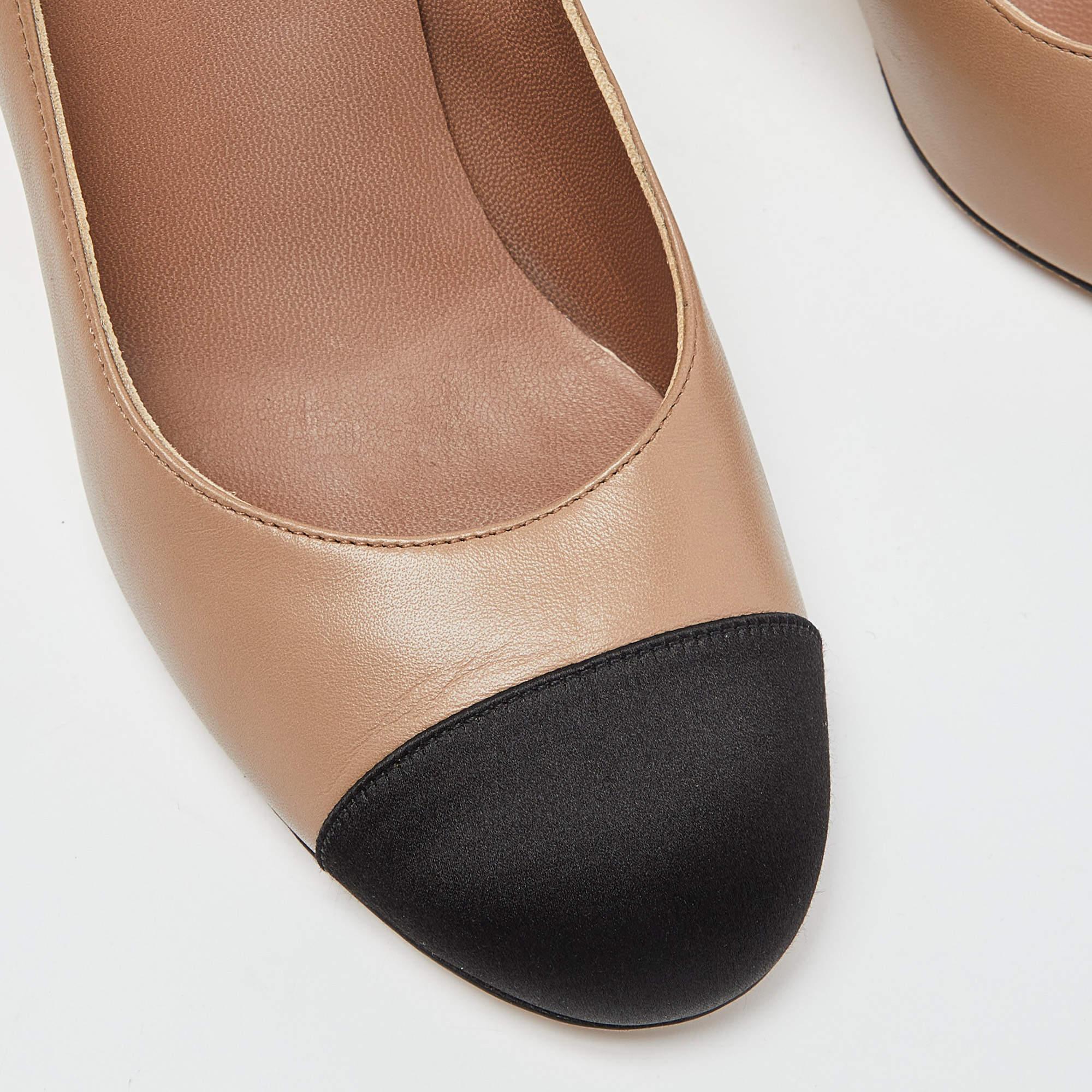 Brown Chanel Beige/Black Leather and Satin Cap Toe CC Pumps
